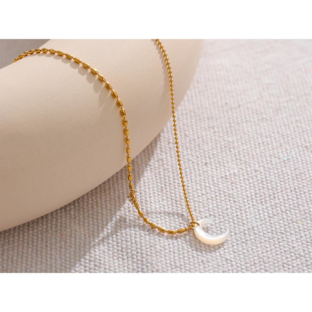 White Shell Moon Pendant Necklace