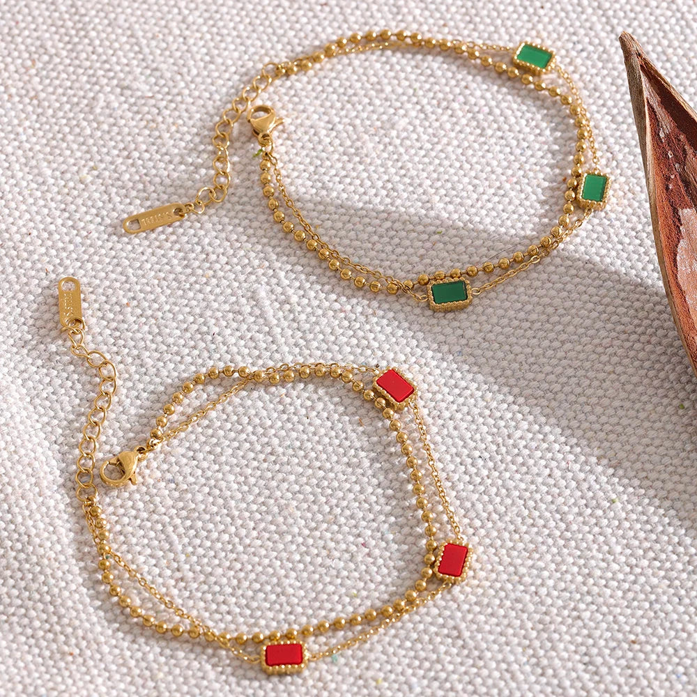Trendy Green Charm Double Chain Bracelet