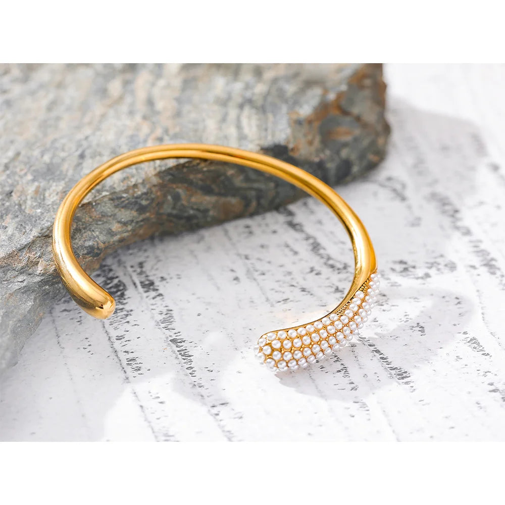 Geometric Pearl Accented Gold Cuff