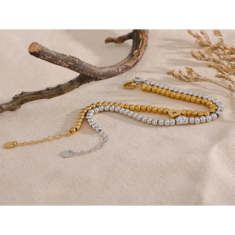 Heart Zircon Beaded Charm Bracelet