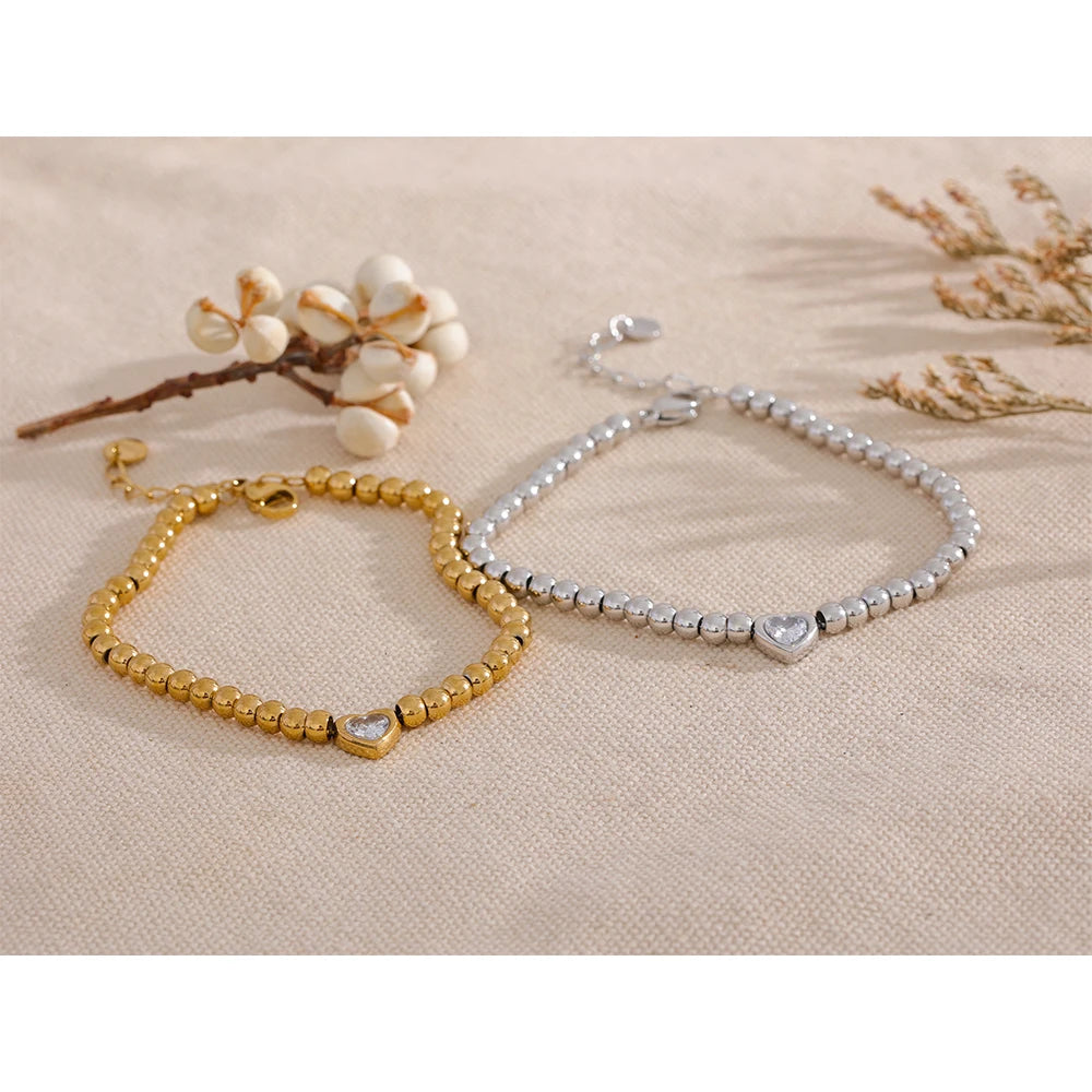 Heart Zircon Beaded Charm Bracelet