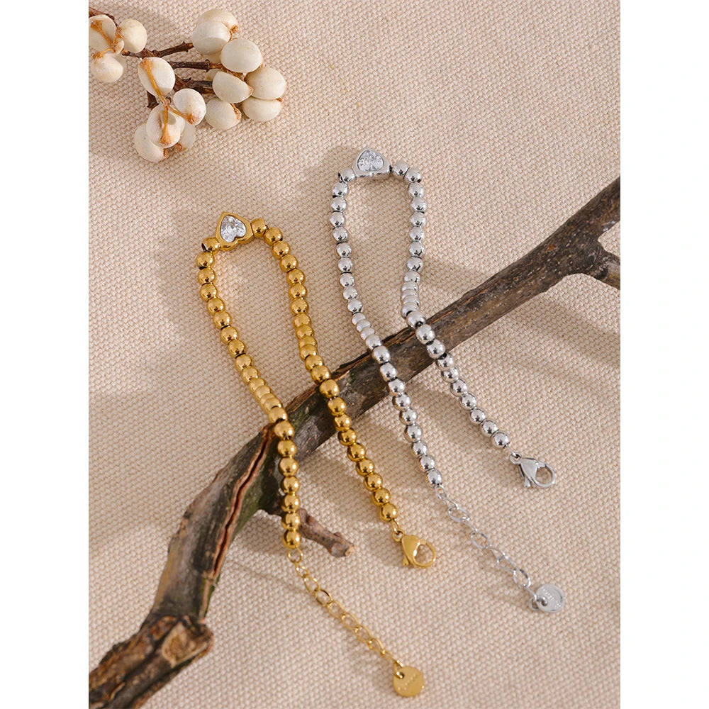 Heart Zircon Beaded Charm Bracelet