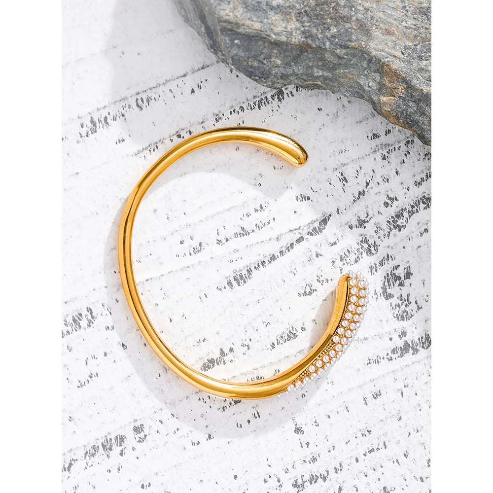 Geometric Pearl Accented Gold Cuff