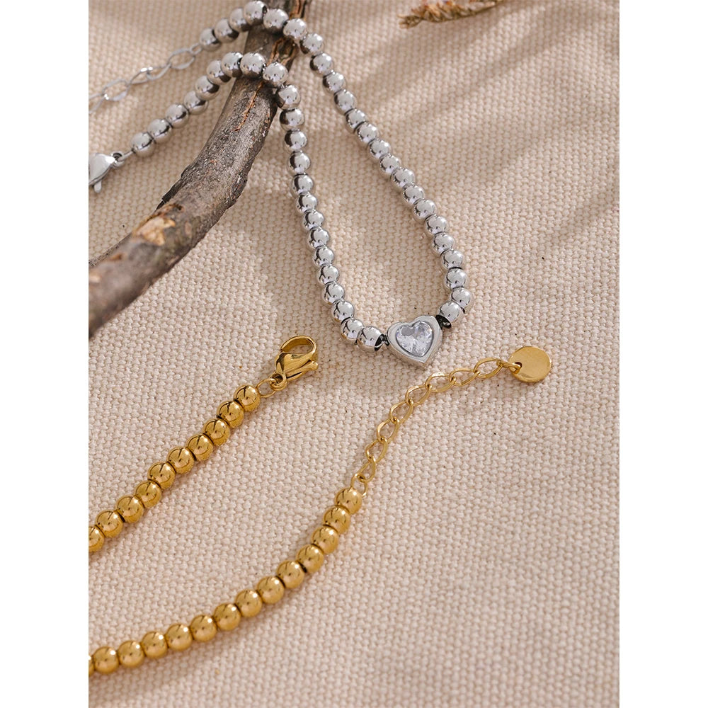 Heart Zircon Beaded Charm Bracelet